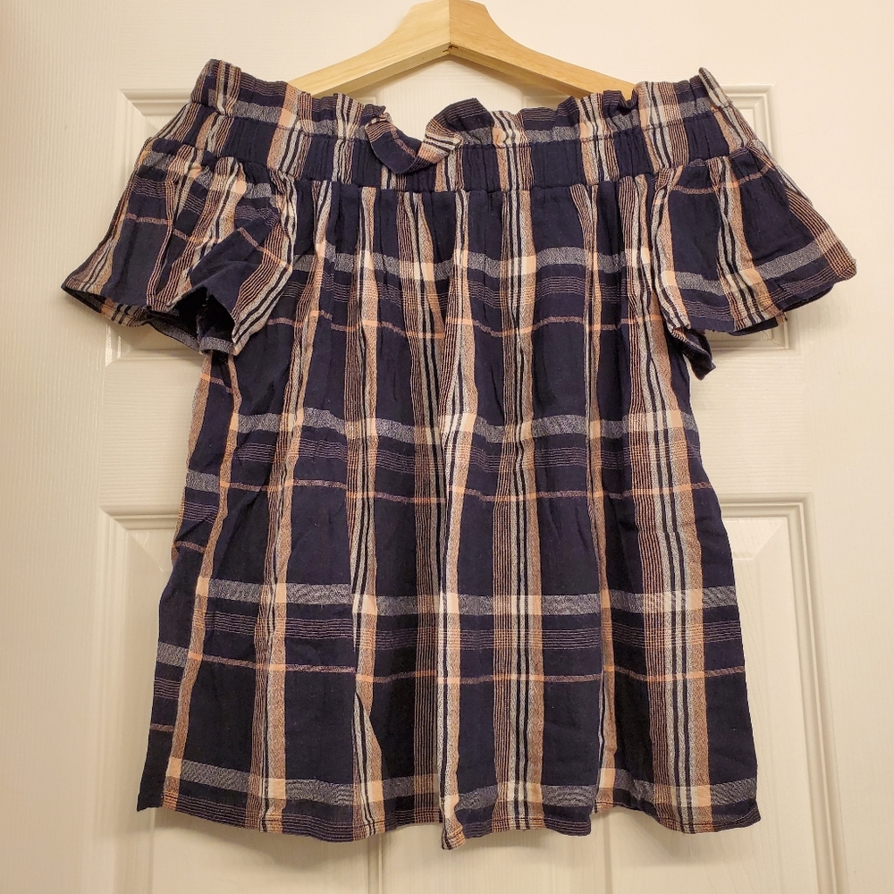 Abound Off the Shoulder Plaid Top